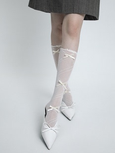 SS2L春夏蝴蝶结网眼交叉线条芭蕾少女风透薄渔网小腿袜长筒袜子女