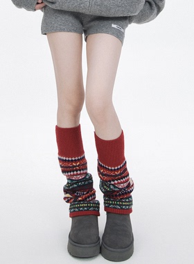 SS2L秋冬复古民族费尔岛圣诞针织羊毛加厚长筒保暖堆堆袜套腿套女