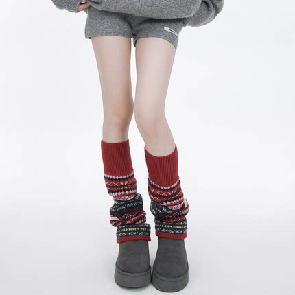 SS2L秋冬复古民族费尔岛圣诞针织羊毛加厚长筒保暖堆堆袜套腿套女
