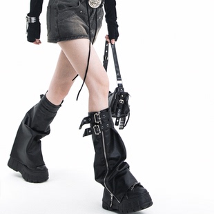 SS2L秋冬双绑带五角星铆钉朋克风拉链阔口时尚 辣妹皮腿套袜套靴套