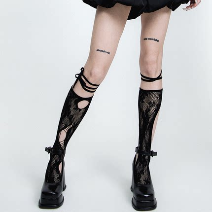 SS2L小众暗黑哥特风辣妹镂空网眼绑带渔网小腿袜长筒袜子女ins潮