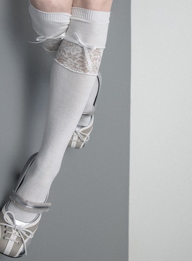 SS2L秋冬新款蕾丝拼接蝴蝶结甜酷少女及膝小腿袜长筒袜子女ins潮