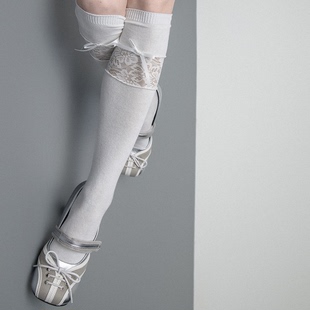 SS2L秋冬新款 蕾丝拼接蝴蝶结甜酷少女及膝小腿袜长筒袜子女ins潮