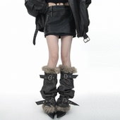 SS2L原创秋冬复古末日废土擦色皮革毛绒皮草腿套袜套雪地加厚保暖