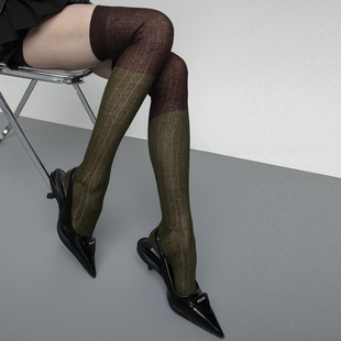 SS2L秋冬双针竖条微透拼接撞色miu系少女过膝长筒袜大腿袜堆堆袜