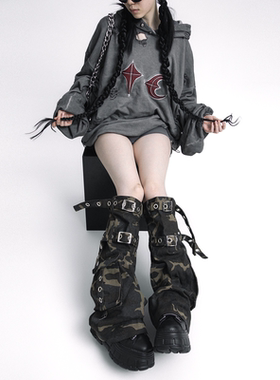 WENCIHAM春夏重磅迷彩水洗做旧牛仔朋克废土辣妹风绑带褪套袜套女
