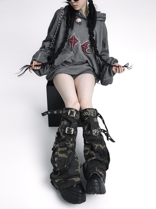 WENCIHAM春夏重磅迷彩水洗做旧牛仔朋克废土辣妹风绑带褪套袜套女