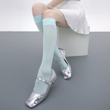 SS2L春夏高密针织微透薄款欧若少女风糖果色纯色小腿袜长筒袜子女