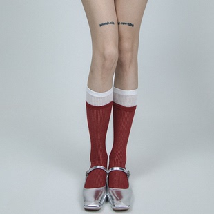SS2L春夏简约薄款 双袜口撞色双针少女风红色堆堆袜中筒袜子女ins
