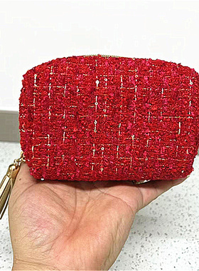 包邮欧莱雅小香风红色化妆包流苏装饰拉链收纳包美愿齐聚手拿包