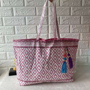 一件包邮雅诗兰黛粉色手提包化妆包大容量流苏印花包单肩包托特包