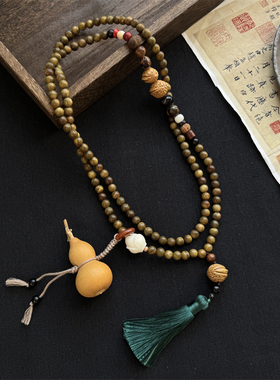 新中式天然葫芦绿檀木珠斜挎链