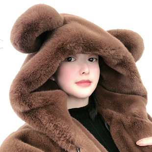 新冬皮草加厚毛茸茸可爱连帽一体小熊耳朵水貂皮羊羔毛短款外套女