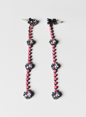 eshj05耳环耳钉 欧美设计长款流苏细条单根复古宫廷黑桃玫红色钻