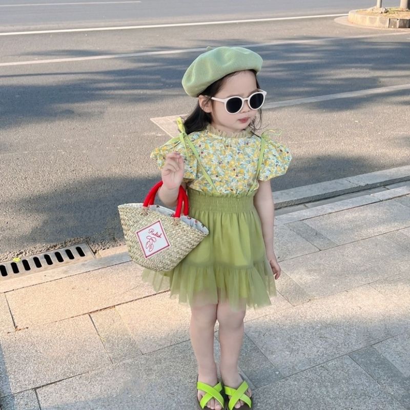 女童套装裙夏季新款绿色夏装背带裙女宝清新网纱公主裙蓬蓬半身裙