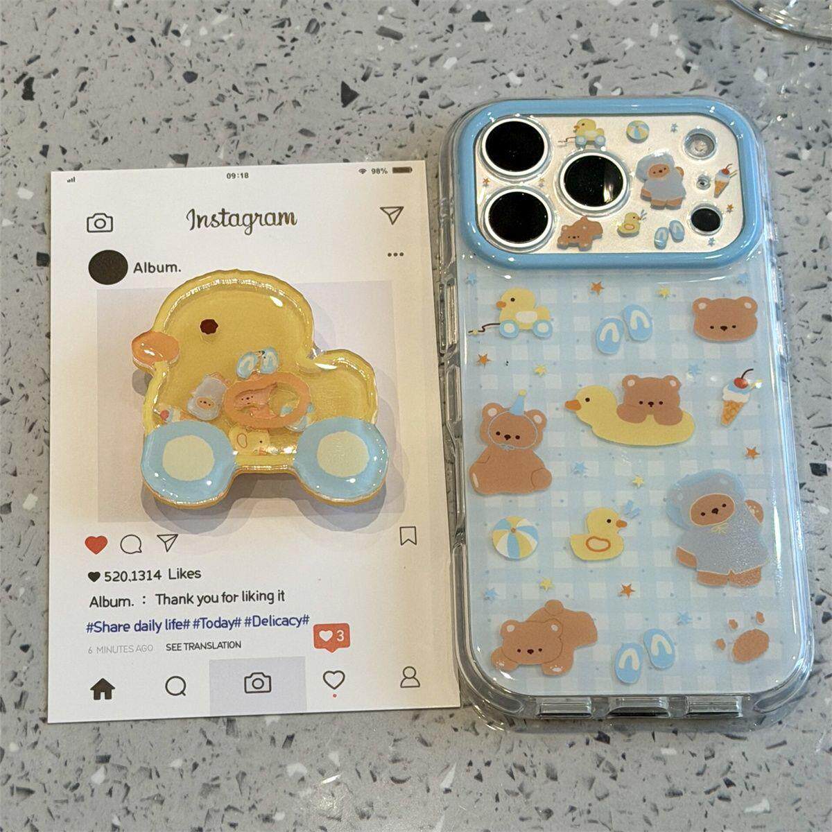 趣味可爱卡通泳圈小熊带支架适用苹果17PRO手机壳iPhone16ProMax新款15pro女款小众13全包14防摔保护套硅胶软
