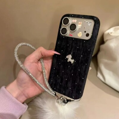 韩系ins黑边闪钻立体小马毛球挂绳适用iPhone17promax新款16pro苹果手机壳15pro皮质14全包13软