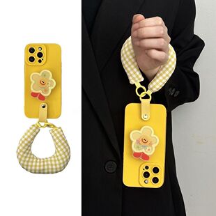 ins黄色摇摇乐太阳花支架适用于IPhone17/16promax手机壳苹果15腕带13/14软防摔保护套