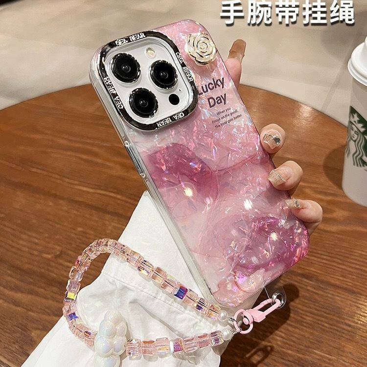 适用苹果15promax手机壳iphone14新款山茶花粉色晕染夏天全包防摔13网红小众高级感12带挂绳手腕简约11pm女款