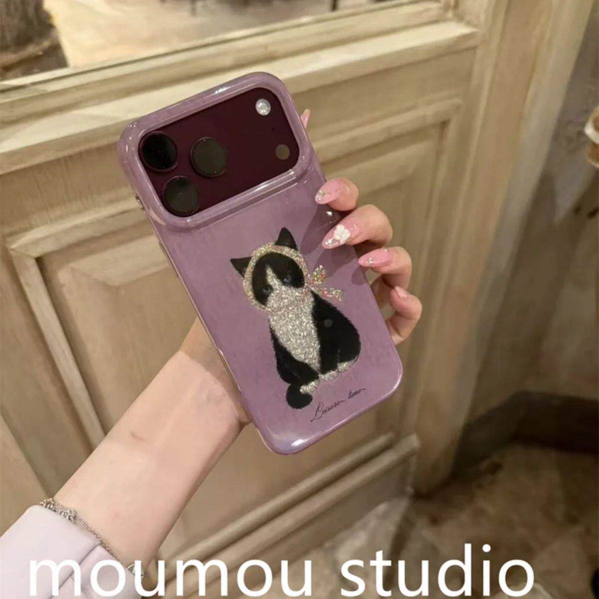古早紫底头巾猫咪适用于苹果18promax/17手机壳16双层15女款防摔
