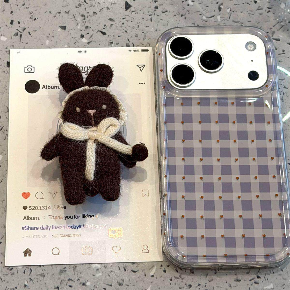 ins韩风浅紫格纹波点布偶小兔适用苹果18promax手机壳iphone17pro新款16带支架15pro少女心18全包防摔保护套