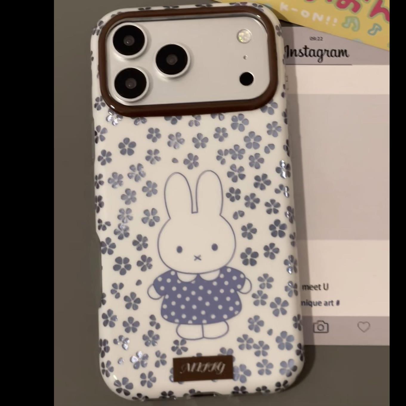 ins韩风镂空蓝色小花米菲兔适用苹果17promax手机壳iPhone16pro新款ip15圆边卡通pm女17全包防摔保护套个性