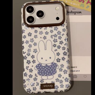 ins韩风镂空蓝色小花米菲兔适用苹果17promax手机壳iPhone16pro新款ip15圆边卡通pm女17全包防摔保护套个性