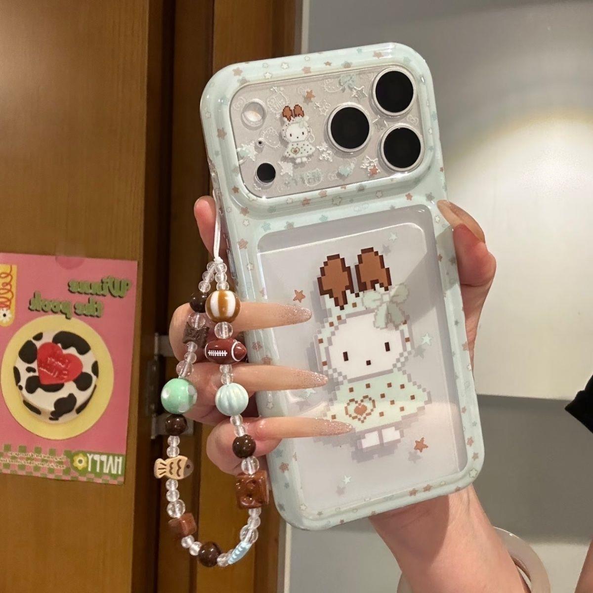 趣味卡通像素兔子带链条适用苹果17PRO手机壳可爱创意iPhone16ProMax新款15pro女款小众13全包14防摔简约透明