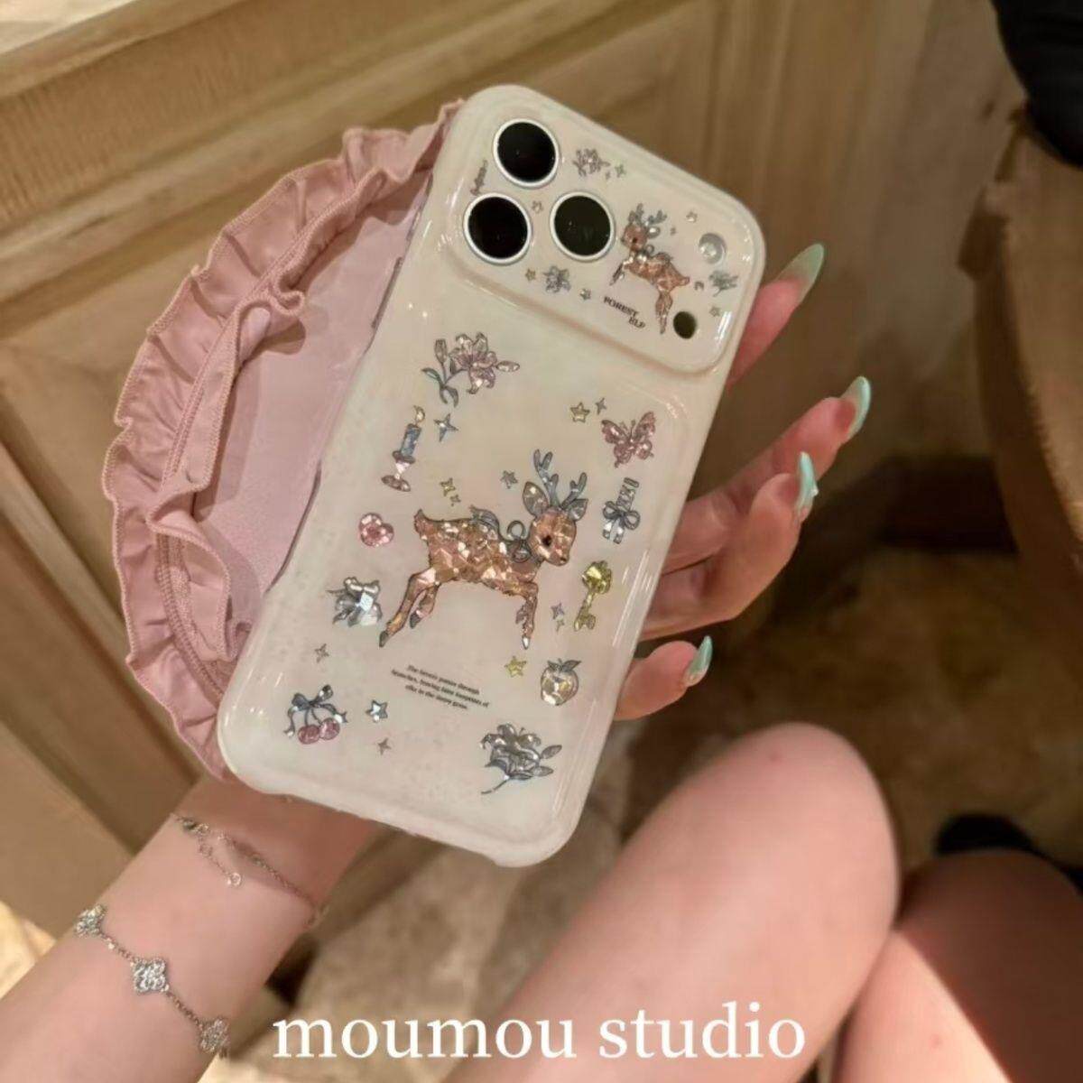 镭射花朵蜡烛小鹿适用苹果17promax手机壳iphone17新款16pm日韩15pm小众风16pro艺术15ins风17Pro全包保护套