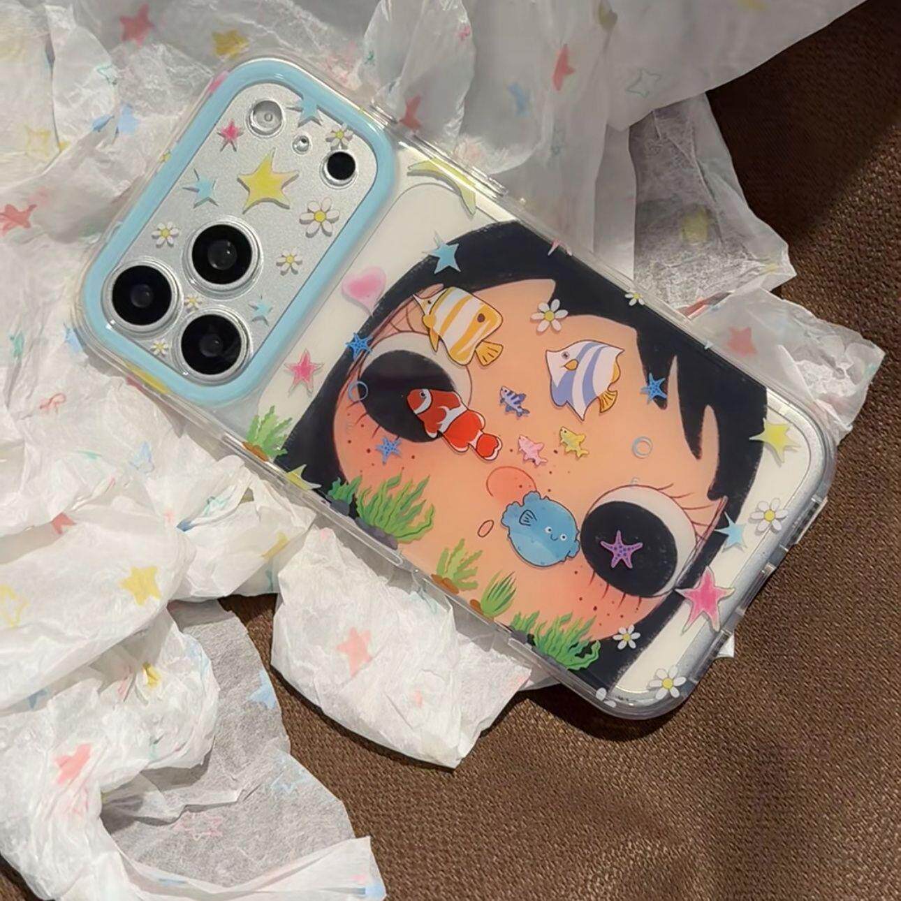 可爱卡通横版小鱼大眼女孩适用苹果17promax手机壳iphone16pro新款ip15p气囊双层17全包防摔保护套pm小众个性