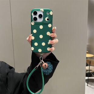 13防摔15 复古磨砂墨绿色波点手绳适用于苹果17promax手机壳iPhone16