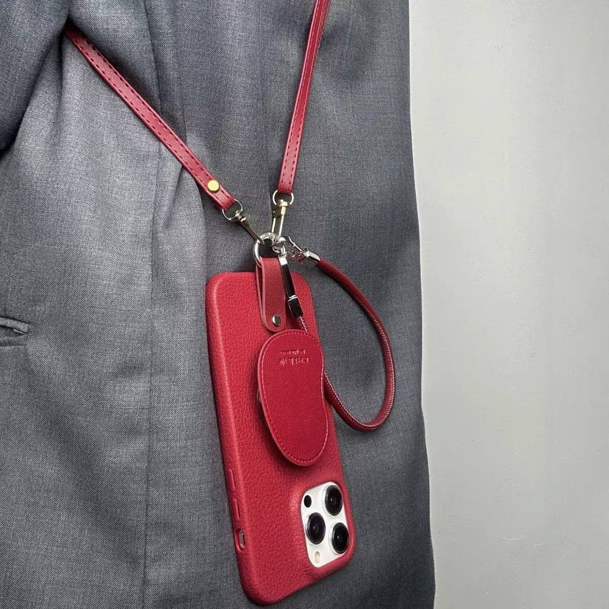 皮革支架高级酒红荔枝纹适用iPhone16苹果17ProMax手机壳15/13Pro斜挎绳14plus大孔13/12秋冬11高级Air新款XR,3C数码配件,手机保护套/壳,淘宝优惠券,粉丝福利购,淘宝优惠卷
