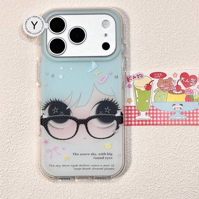 日韩高级感ins头像波点黑眼镜英文适用iPhone15苹果16手机壳17promax全包iPhone13防摔保护套16promax个性潮