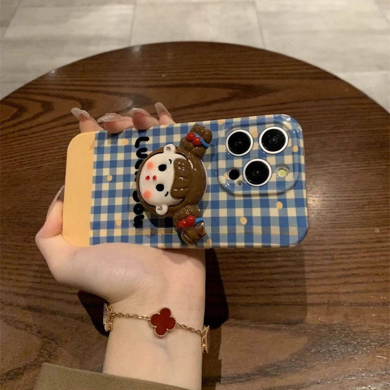 小清新格纹女孩支架适用苹果15promax软胶手机壳iPhone15pro全包13/14promax夏14防摔13pro套12软11女x