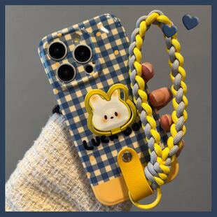 蓝色格子兔支架手提绳适用苹果15Promax手机壳iPhone14Pro腕带11硅胶15奢华13女款12小众15气质xsmax