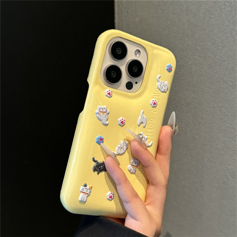 适用苹果15promax手机壳iphone14pro新款13女款12黄色肥皂壳立体猫咪贴饰11日韩风14可爱13pro防摔12pro硬壳