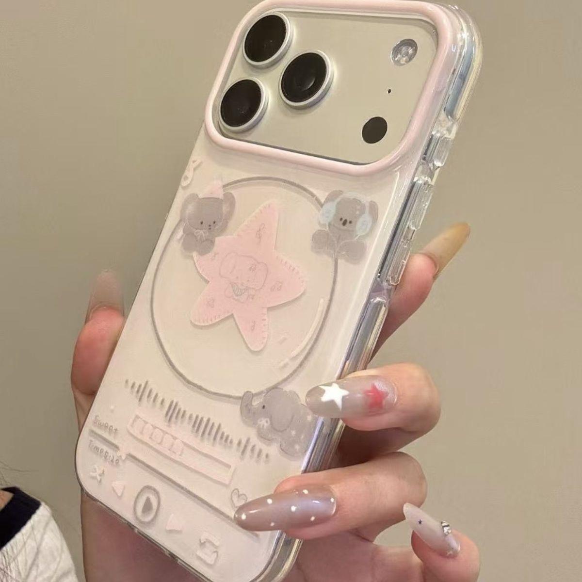 ins可爱手绘粉色星星音乐耳机小象适用苹果17promax手机壳iphone16pro新款15女款14卡通网红13全包硬壳