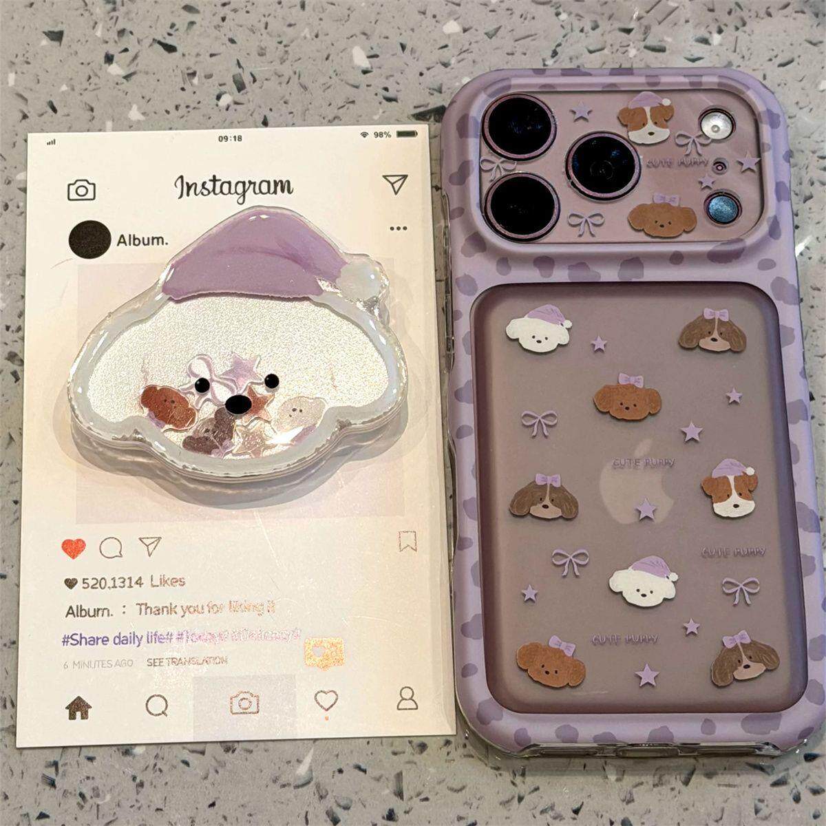 浅紫睡帽小白狗头像粘黏支架适用苹果18promax手机壳iphone17新款15pro女款16pm全包保护壳