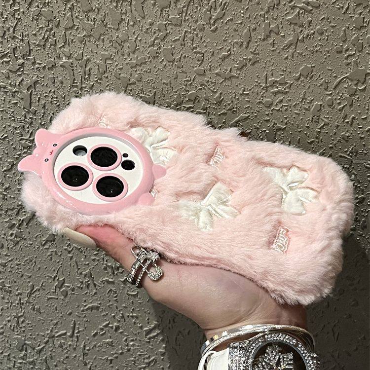 毛绒粉色蝴蝶结适用于苹果17/16手机壳新款iPhone15promax高级13套12防摔11/14秋冬