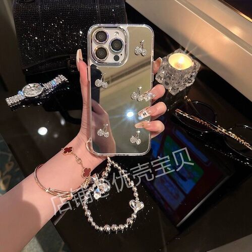 适用苹果16ProMax手机壳补妆镜面iPhone15Pro高级银14plus小众ins褶皱樱桃13带镜子女款12pm硬壳11保护套