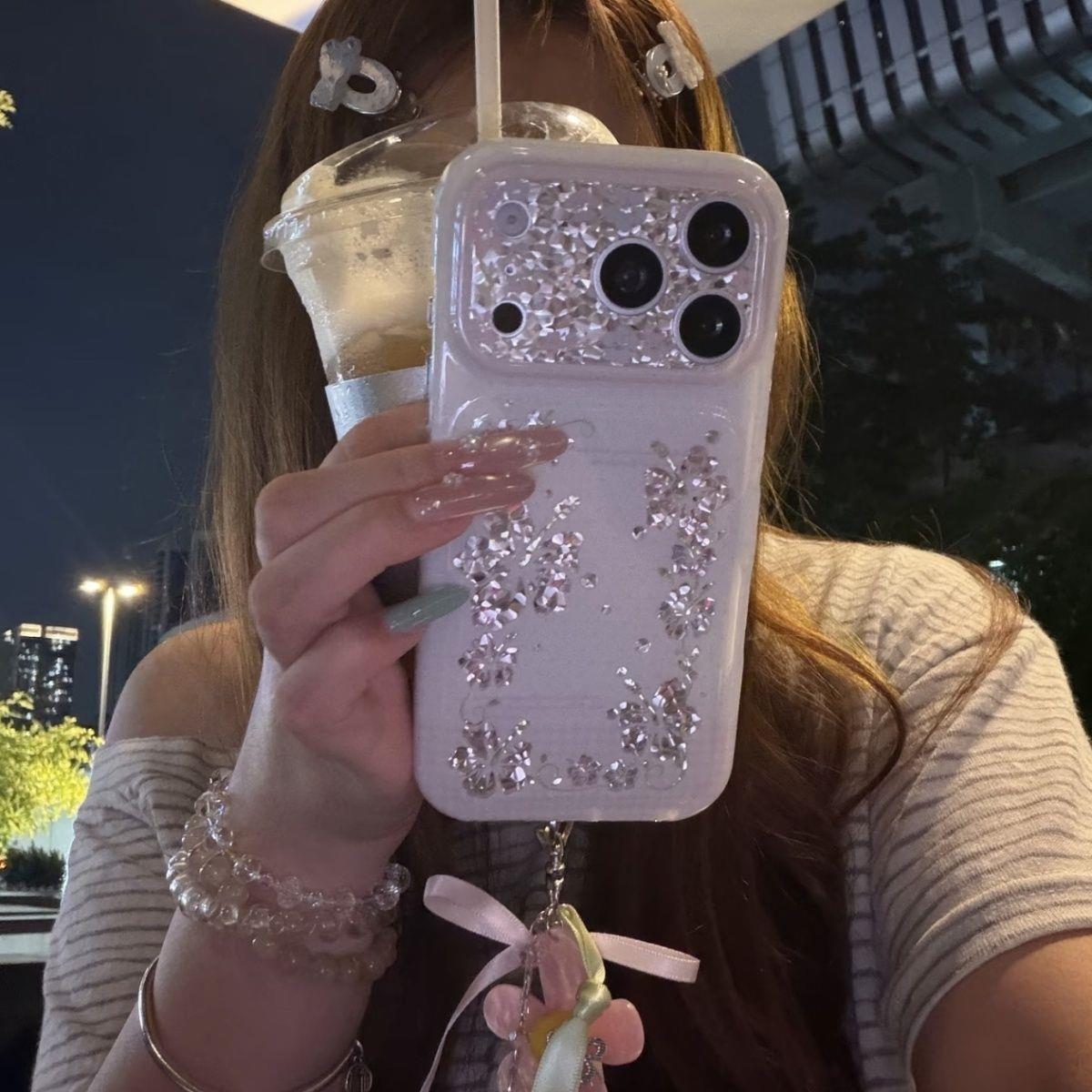 高级感ins风闪钻镭射扶桑花英文适用苹果17promax手机壳iphone16pro新款15带链条15promax女17防摔保护套
