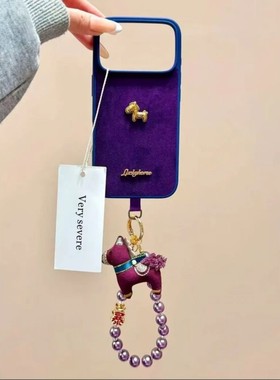 小众ins卡通深紫色绒布立体金马适用苹果iphone17promax手机壳16promax少女心15pro防摔14pro保护套13链条