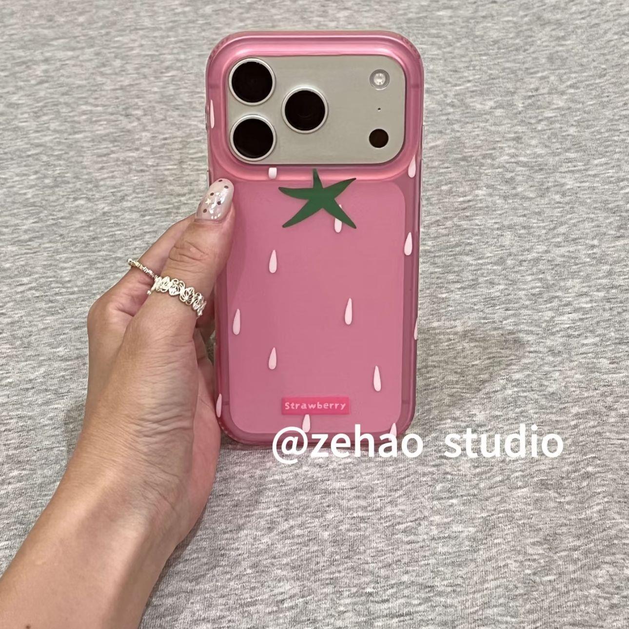 夏日透粉草莓英文适用iPhone17promax手机壳15新款17pro网红女款13创意全包防摔16pro超好看17保护套