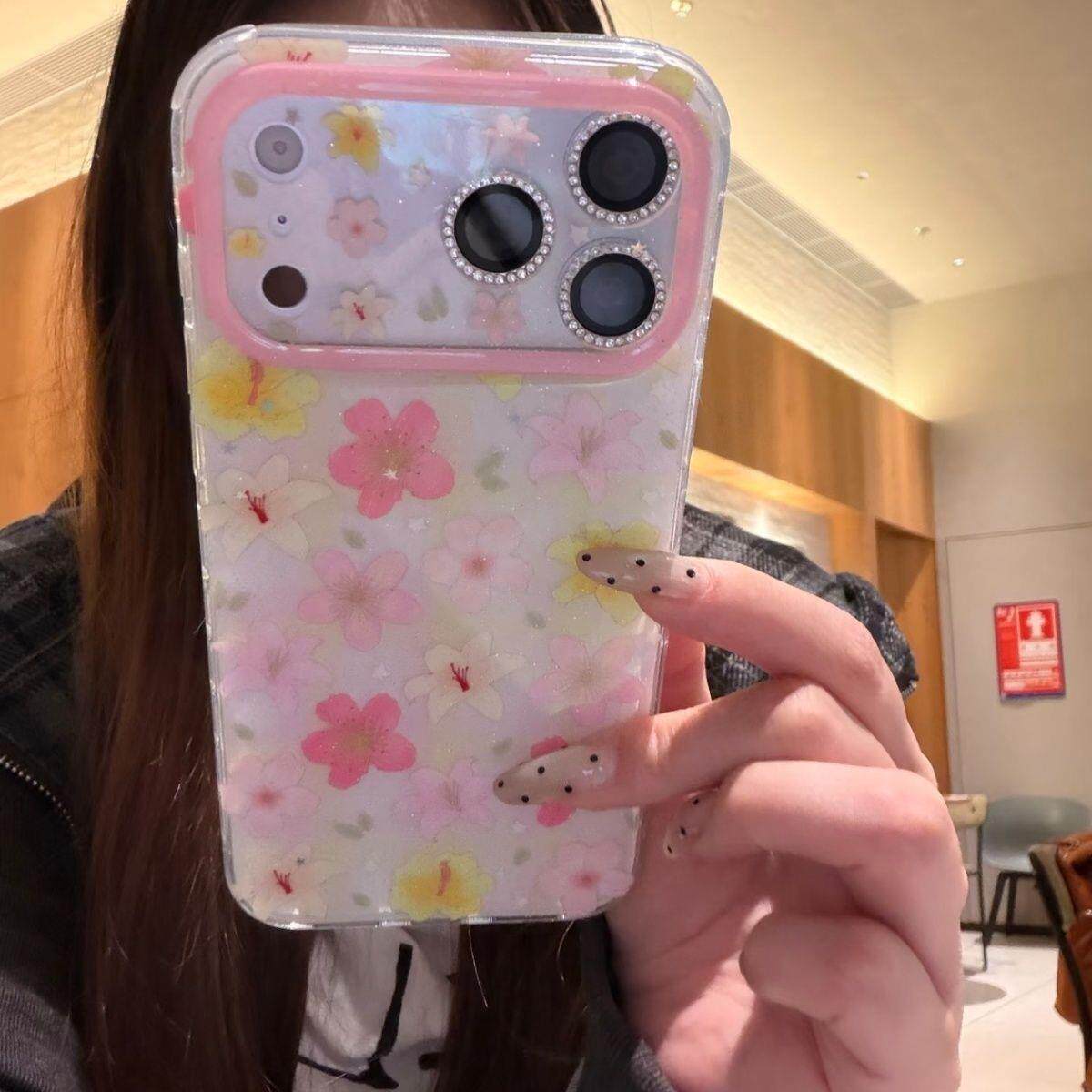 少女粉色闪粉油画碎花适用iphone17promax手机壳苹果16promax新款15pro带链条17春日17pro韩风15可爱16pm全包
