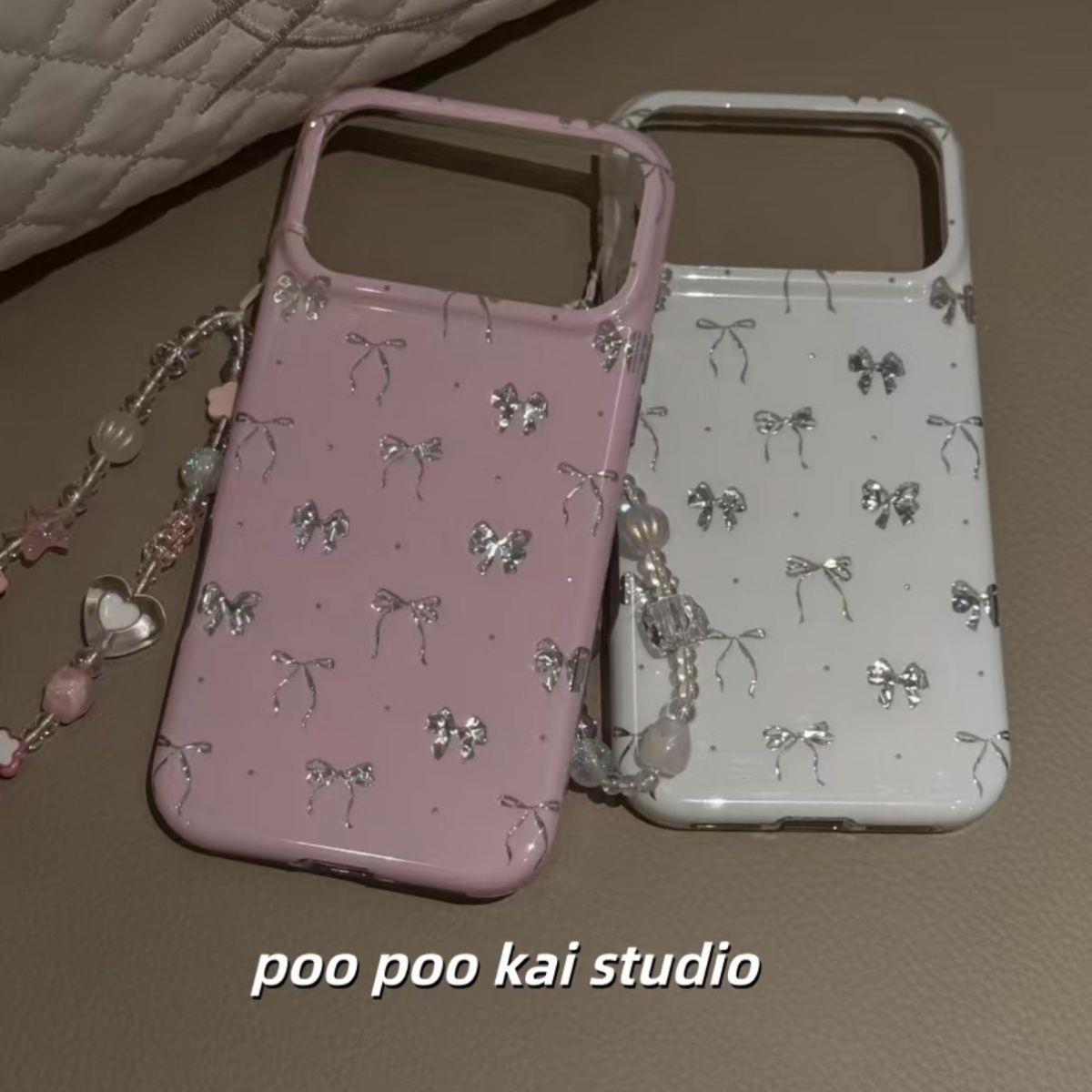 ins粉白银闪蝴蝶结适用苹果17promax手机壳iphone17新款16pm少女15pm高级感16pro手链15防摔17Pro全包手机套