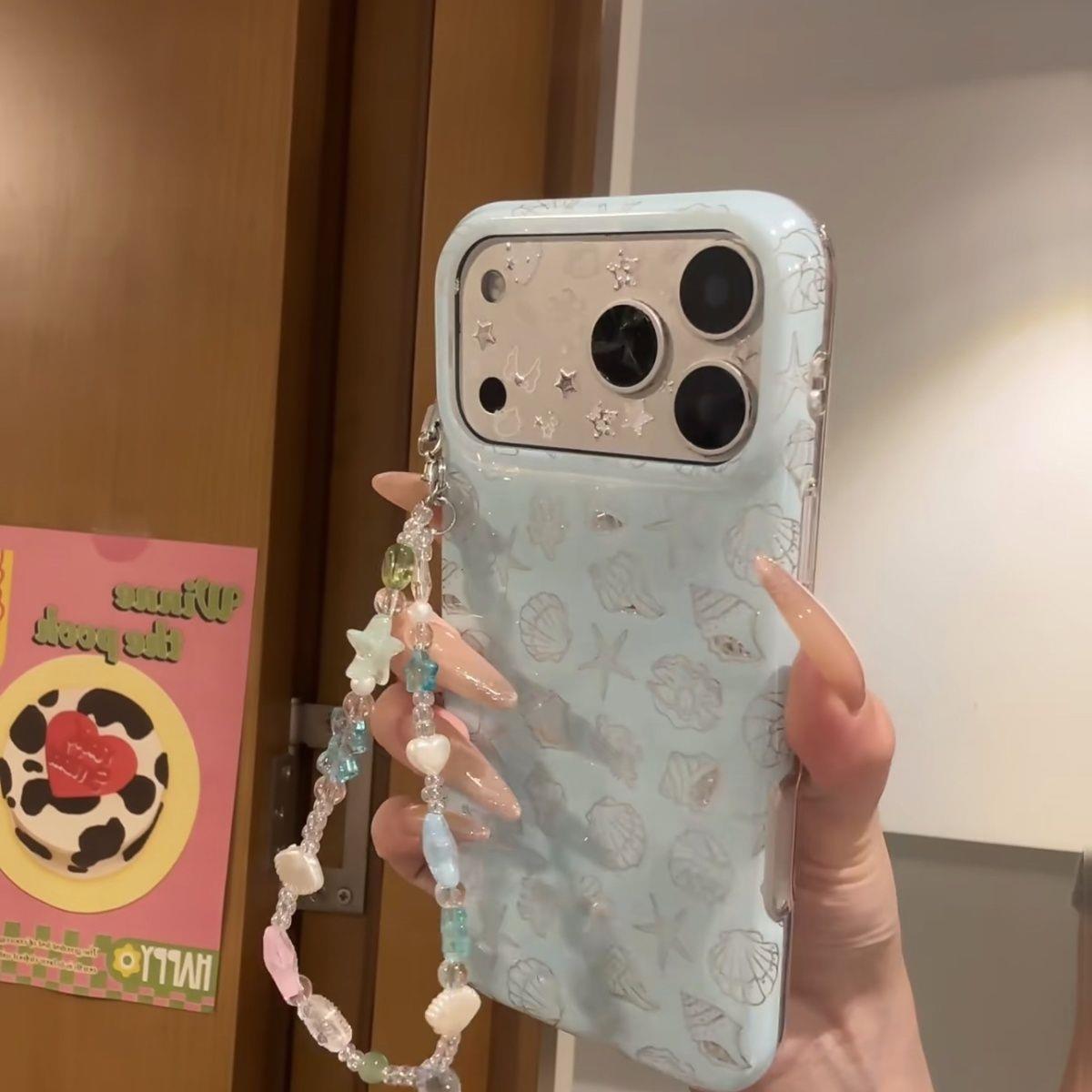 奶蓝镭射贝壳海星适用苹果17promax手机壳iphone17新款16pm日韩15pm夏日16pro小清新15p手链17Pro全包保护套