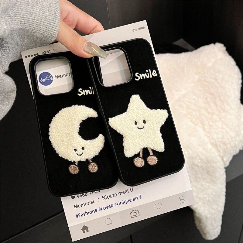 ins绒布刺绣星星月亮适用iPhone17/16手机壳苹果15promax女14软13