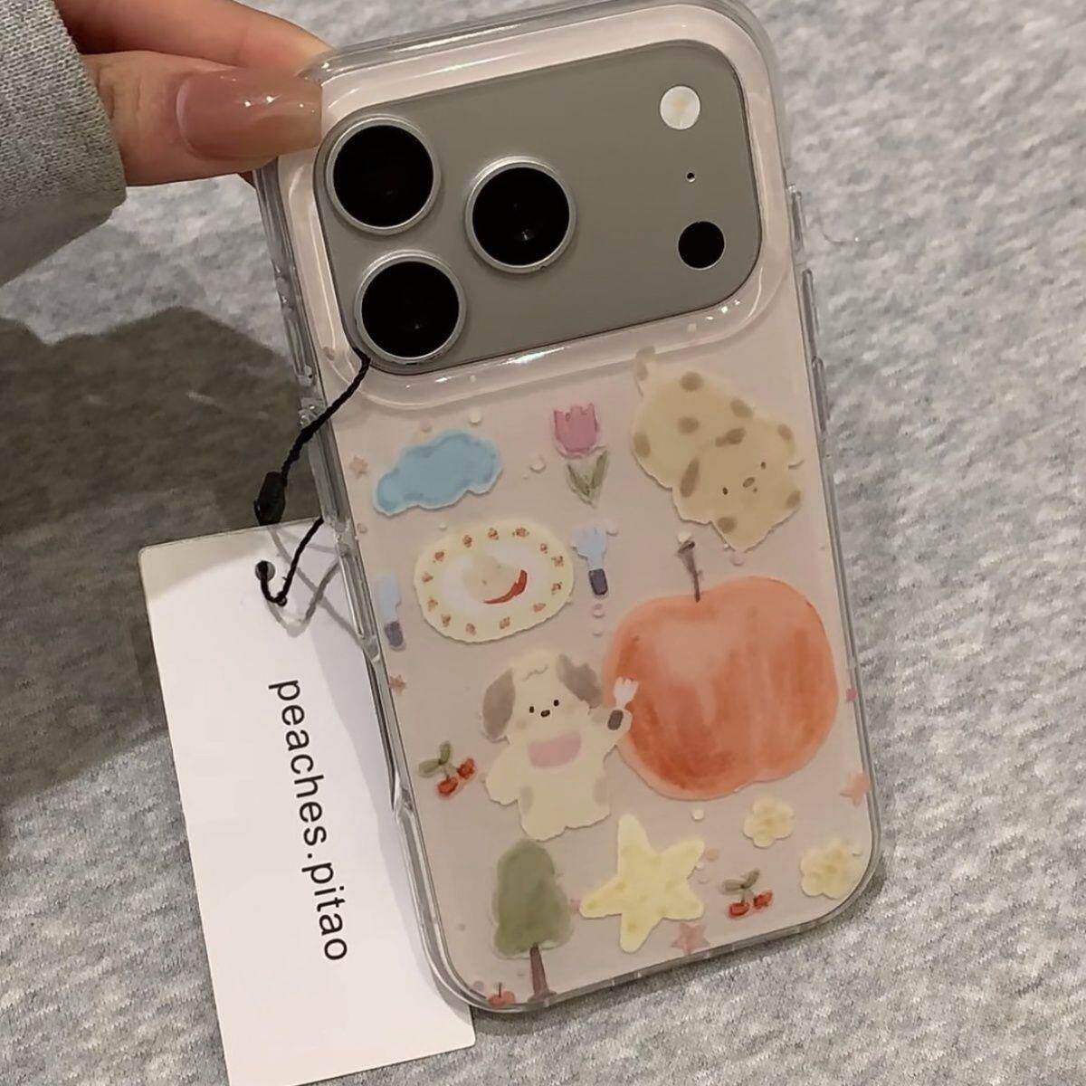 可爱油画水果小狗卡通适用苹果17手机壳iphone17promax保护套16Pro硅胶15/14高级感13新款全包防摔带链条女软
