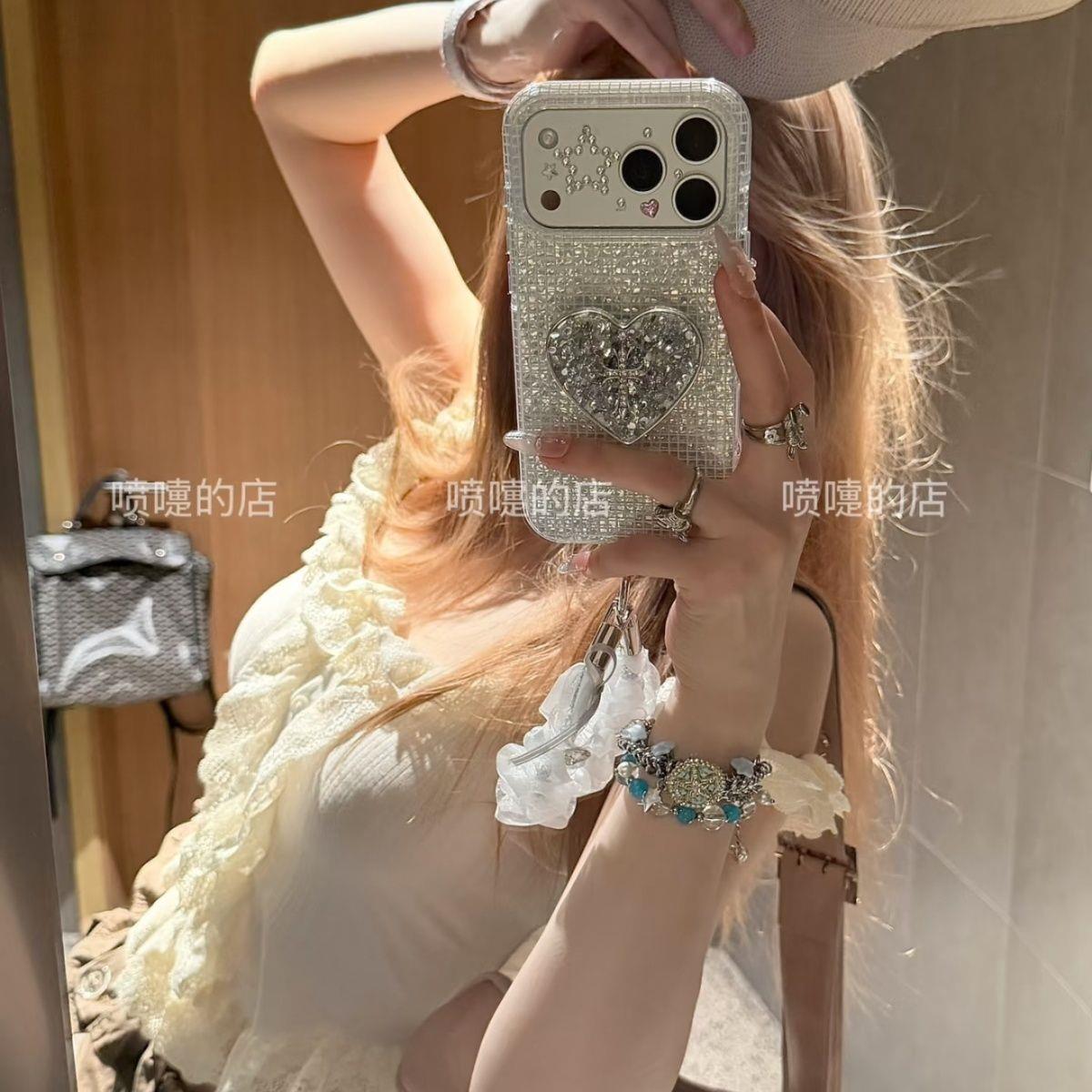 高级感ins风闪片银格纹爱心十字支架适用苹果17promax手机壳iphone16pro新款15带链条15promax女17防摔保护套