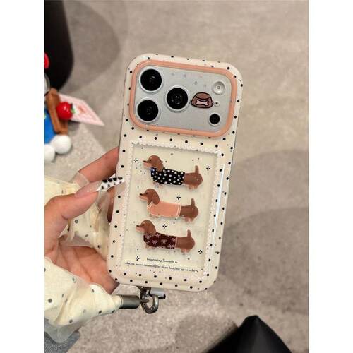 日韩ins波点可爱腊肠狗适用苹果18promax手机壳iphone17pro新款16全包IMD15防摔保护套18p艺术不撞壳